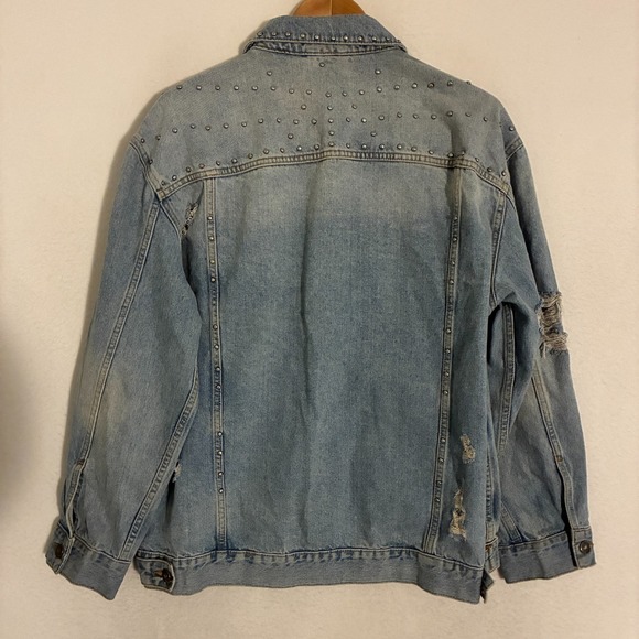Free People Studded Distressed Demin Jacket Womens M Metal Button Boho Festival - Picture 4 of 10